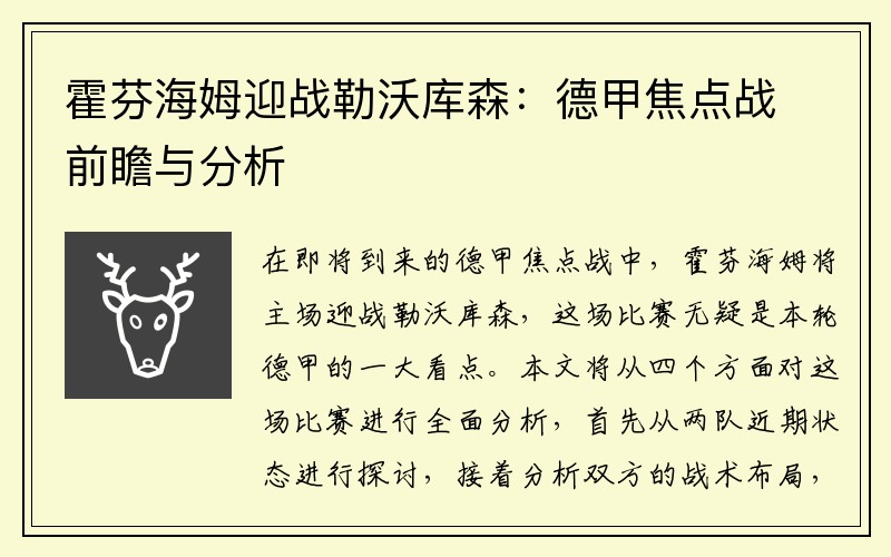 霍芬海姆迎战勒沃库森：德甲焦点战前瞻与分析