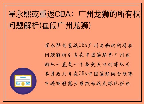 崔永熙或重返CBA：广州龙狮的所有权问题解析(崔闯广州龙狮)